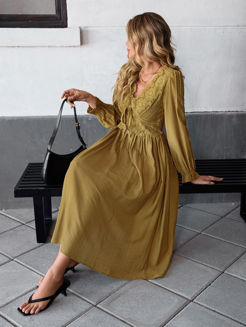 Chicovar Women's Boho Maxi Dress Lace V Neck Puff Sleeve Vintage Flowy Dress for Spring Date Nights, Vacation & Party, Festive Holiday Dress for Christmas | Low Iron Care