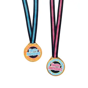 1 1/2" Happy Birthday Plastic Medals with Blue & Pink Ribbon - 12 Pc.