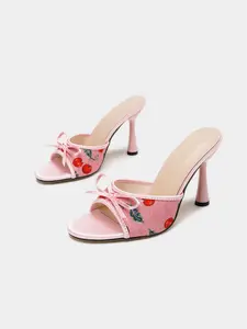 Wedding Guest Style: Cherry-Print High-Heel Mule Sandals  Open-Toe Satin Bows | Elegant Summer Footwear | Ideal for Outdoor Weddings & Bridal Showers (Champagne / White / Pink / Black)