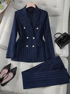 Elegant Striped Women's Set, Two-Button Commuter Style, Long Pants, Fashionable Office Wear, Ladies' Career, Corporate Outfits Women, Work Office Suit