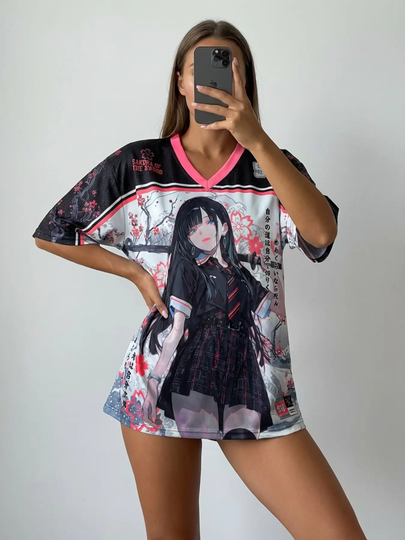 Japanese Jk Anime Girl Print V-Neck Short Sleeve T-Shirt, American Street Style Loose Oversized Graphic Baseball Jersey, Sweet Cool Casual Top, Casual Sports Jersey