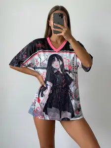 Japanese Jk Anime Girl Print V-Neck Short Sleeve T-Shirt, American Street Style Loose Oversized Baseball Jersey, Sweet Cool Casual Top