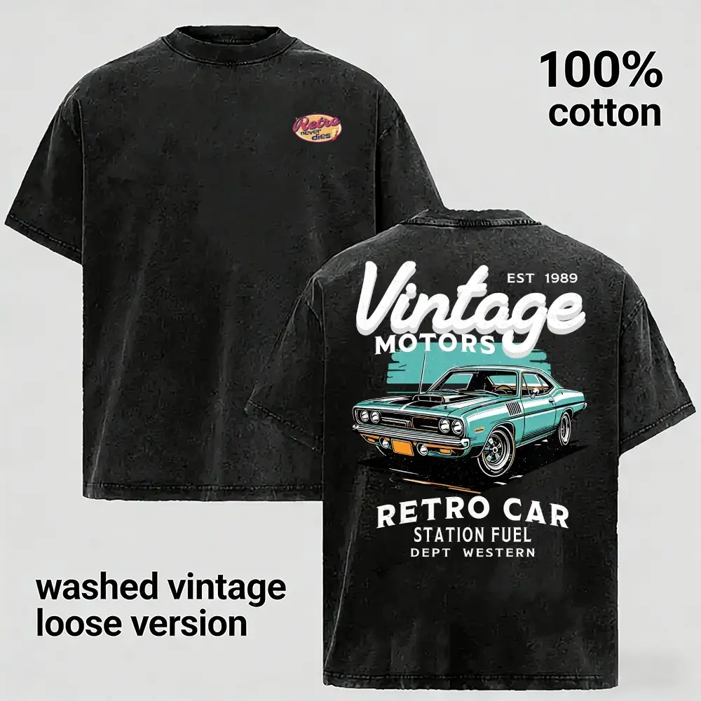 Mens Vintage Muscle Car Graphic T-Shirt 100% Cotton Washed Loose Fit Short Sleeve Tee For Car Lovers Y2K Streetwear Retro American Classic Auto Tops Unisex Casual Summer Apparel Hip Hop Grunge Clothing Trendy Oversized Fashion Tshirts Trending Now US!