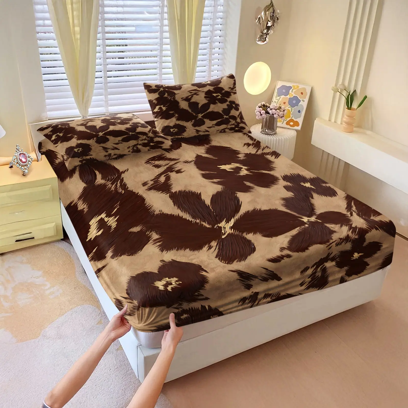 Retro and wild-inspired printed fitted sheet set,Includes 1 Fitted Sheet & 2 Pillowcases without Filler,Unique and sophisticated style,Features exquisite decorative elements,Warm and anti-pilling,Multiple styles available.