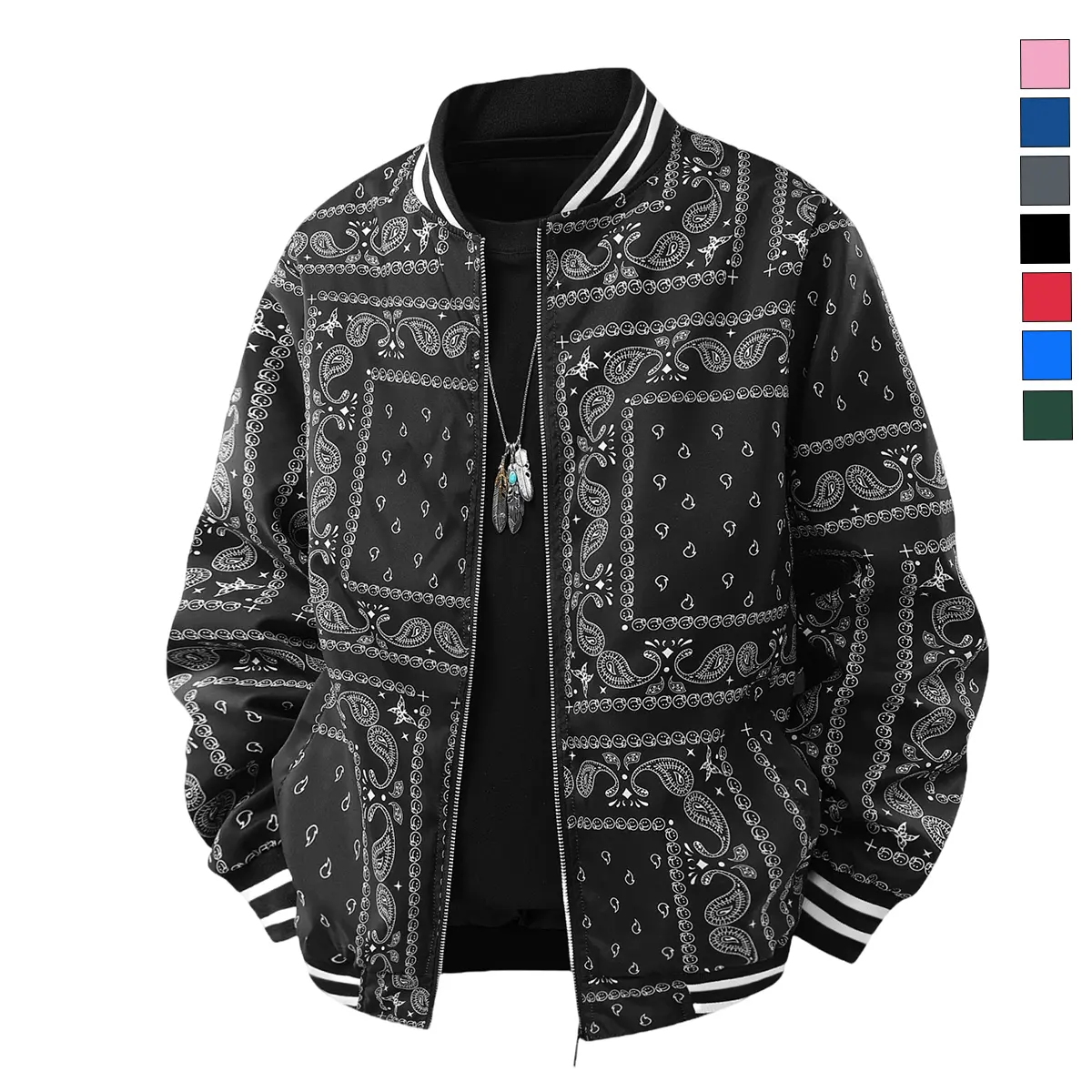 Men's Vintage Baseball Jacket with All Over Cashew Print - Lightweight, Casual, and Fitted Outerwear for All Seasons, Graphic Jackets, Fashion, All Over Print, Long Sleeve, Machine Washable, Polyester
