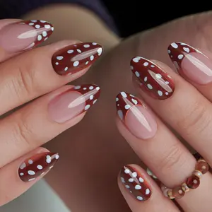 Curvlife medium almond french Press On Nails nude glossy shiny french for fall Easy Apply Nail Art