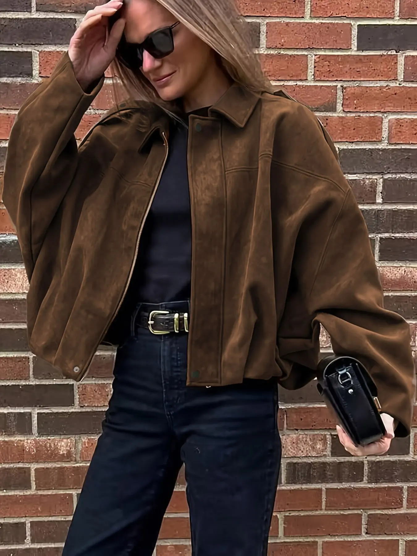 Women's pilot jacket, zip-up winter coat, bomber jacket, fleece-lined with inner lining, loose short design, with zip and pocket designs, street style, suitable for cold weather, Outerwear