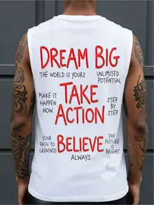 1 Piece Men‘s Motivational Muscle Tank Top Long Length, "Dream Big" & "Step by Step" Inspirational Quote Print, Gym Workout Shirt for Fitness, Bodybuilding and Streetwear
