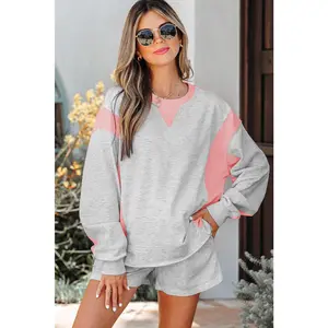 Light Grey Color Block Raw Hem Pullover and Casual Shorts Set
