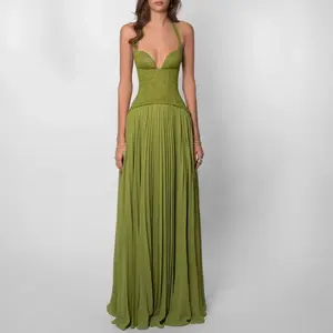 Women’s Sexy Minimalist Bridesmaid Dress – Bright Green, halter neck, low-cut backless, waist-cinching pleated