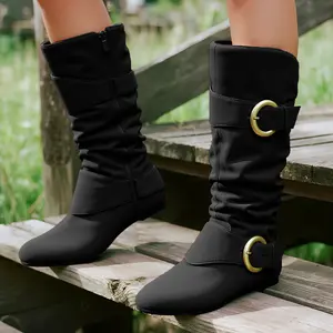 Women's Slouchy Knee-high Boots Solid Color Wide Calf Faux Suede Flat Heel Round Toe Footwear with Side Zipper & Two Metal Buckle Decor Fashion 2025 Trendy Fall Winter Long Tall Boots Girl Casual Dressy Shoes Botas for Daily Wear Christmas Gift