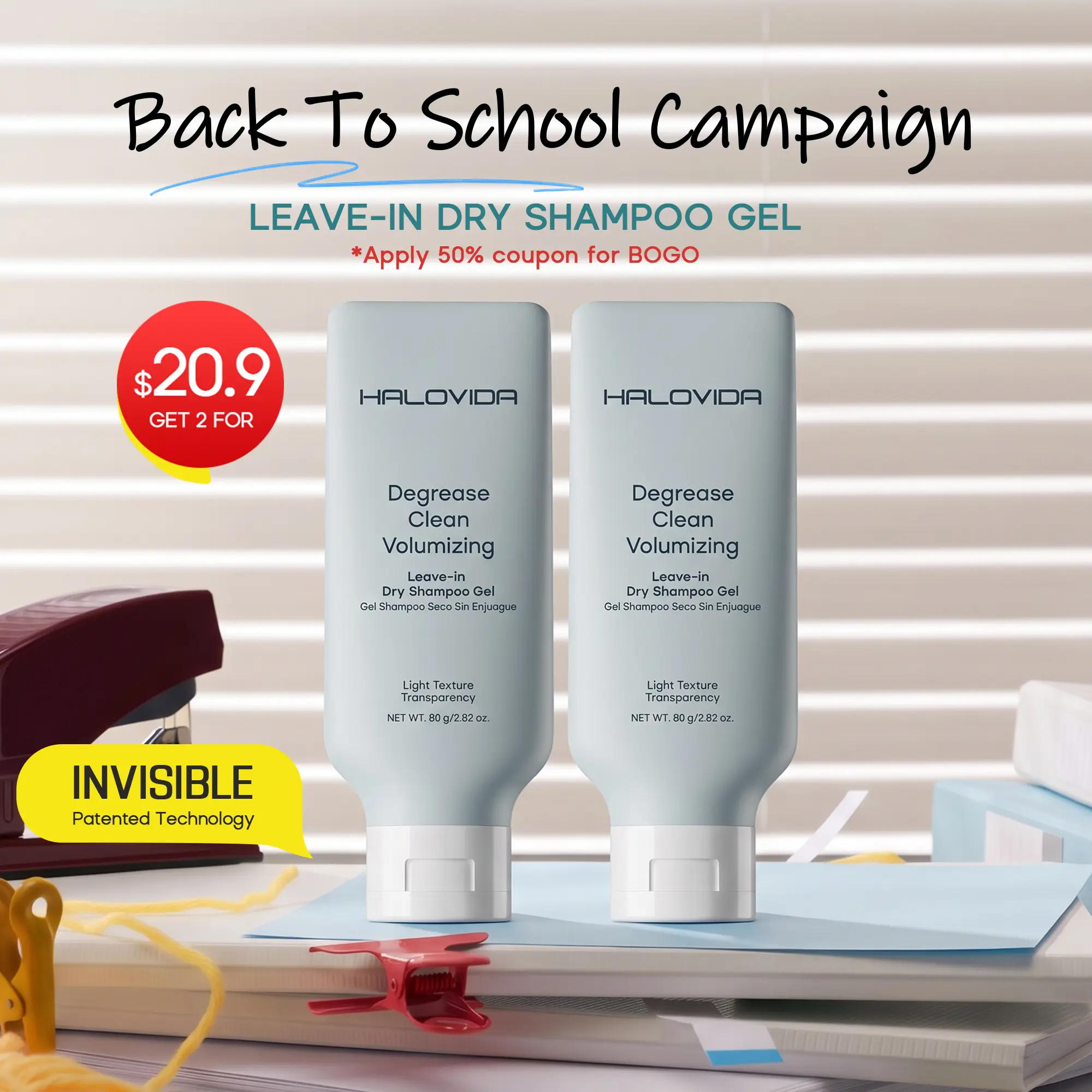 HALOVIDA Leave-in Dry Shampoo Gel, Instant Oil Absorption, Invisible Volume, Long-Lasting Oil Control, 4D Hyaluronic Acid, Silk Protein, Lightweight & Refreshing, Suitable for All Hair Types, 2.28oz, Gentle & Smooth, #backtoschool