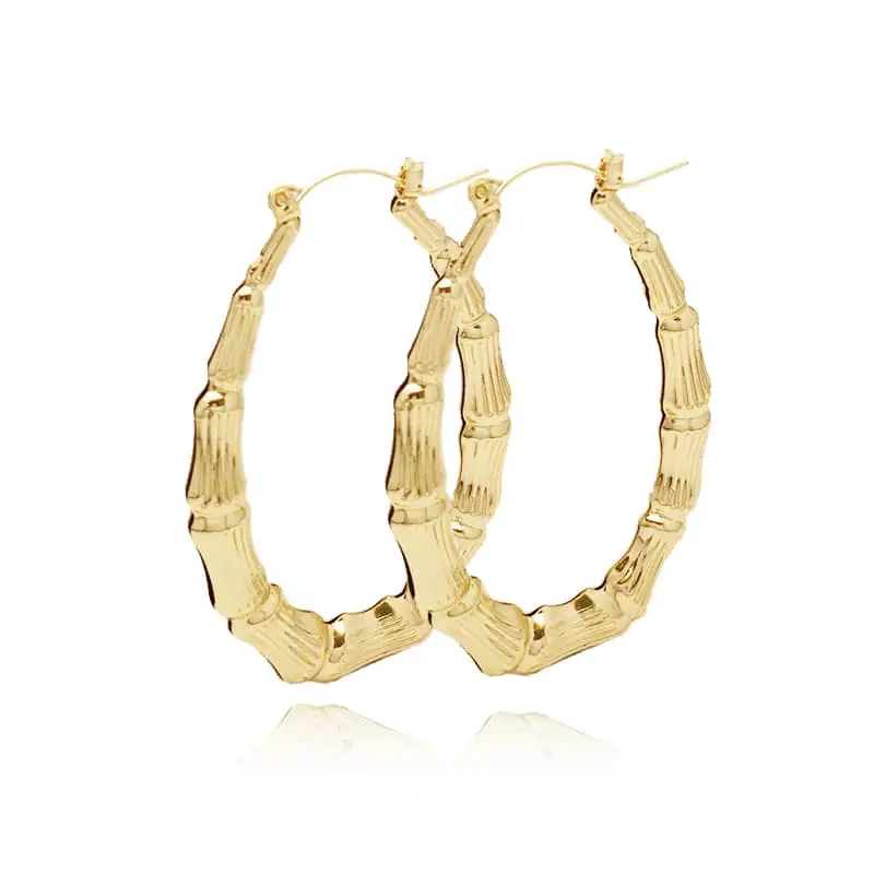 18 Karat Layered Real Gold-Filled Oval Golden Bamboo Hoop Earrings, Versatile Earrings #70, Golden Bamboo Earrings