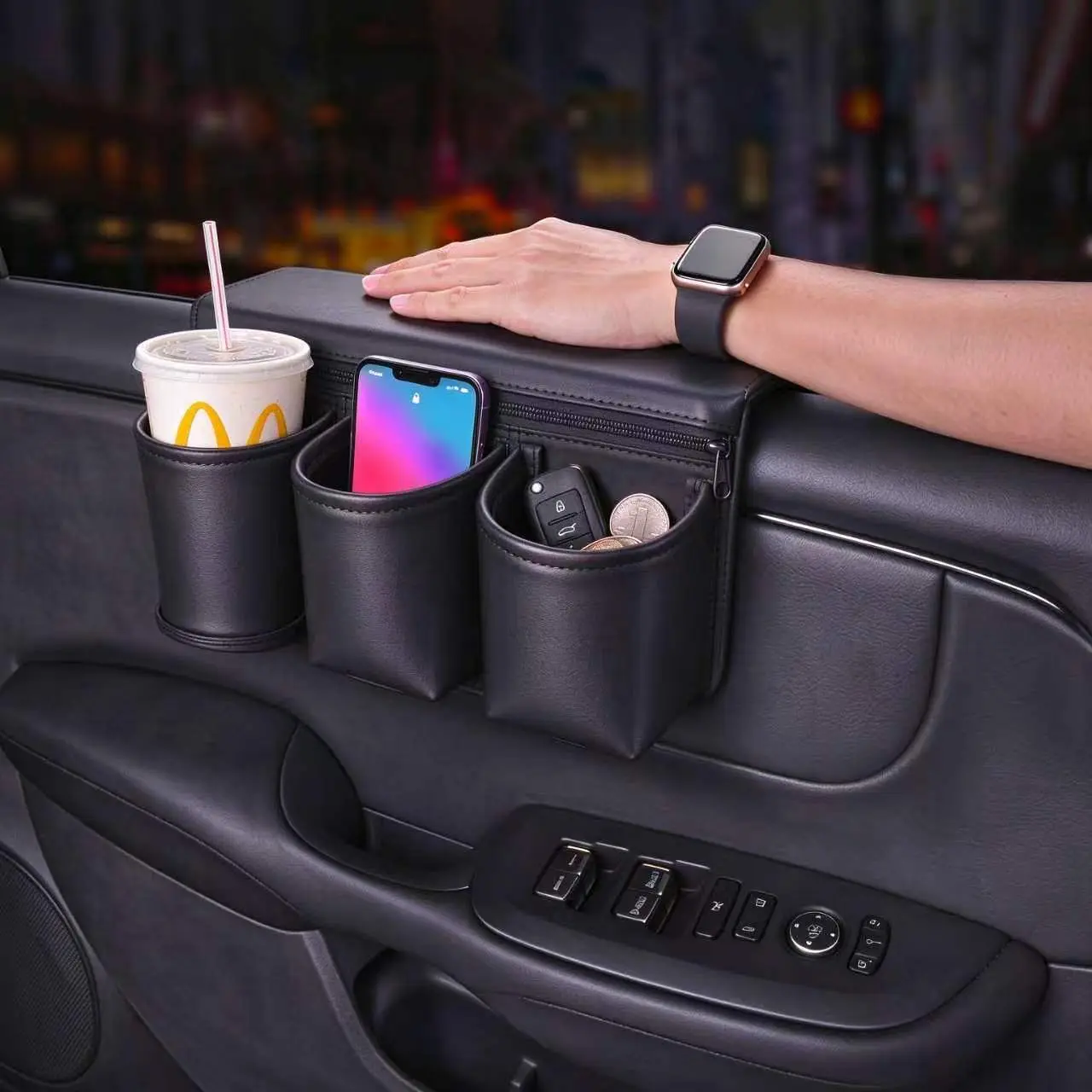 Car Door Armrest & Storage Organizer with Premium PU Leather and Soft Memory Foam Cushion for Phone Keys and More Easy Tool-Free Installation