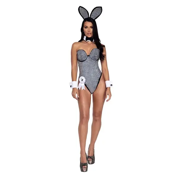 Playboy Women's Black and Silver Rhinestone Bunny Costume, Clothes, Halloween