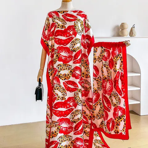 Women's Fashion Summer Sun Protection Lip Print Long Dress & Satin Scarf Matching Set for Beach
