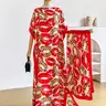 Women's Fashion Summer Sun Protection Lip Print Long Dress & Satin Scarf Matching Set for Beach