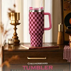 40oz Checkerboard Tumbler - Stainless Steel Vacuum Insulated Cup with Handle & Straw, Leak-Proof Lid, Hot & Cold Retention, Retro Checker Print Travel Mug for Car & Daily Use