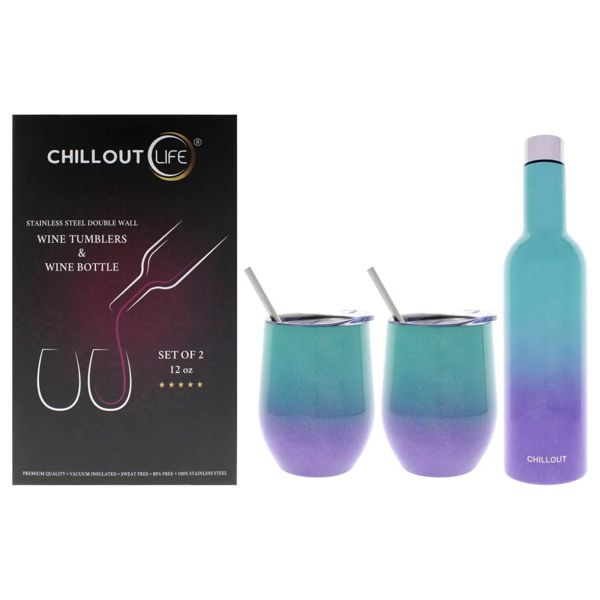 Chillout Life I0159757 Stainless Steel Insulated Wine Tumbler & Wine Bottle - Mermaid Sparkle - 3 Piece