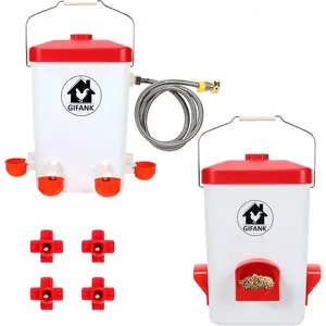 Automatic Chicken Feeder and Waterer Set Hanging 3 Gallon Poultry Water Feeder with Nipples and Feeding Ports No Waste Chicken Coop Accessories