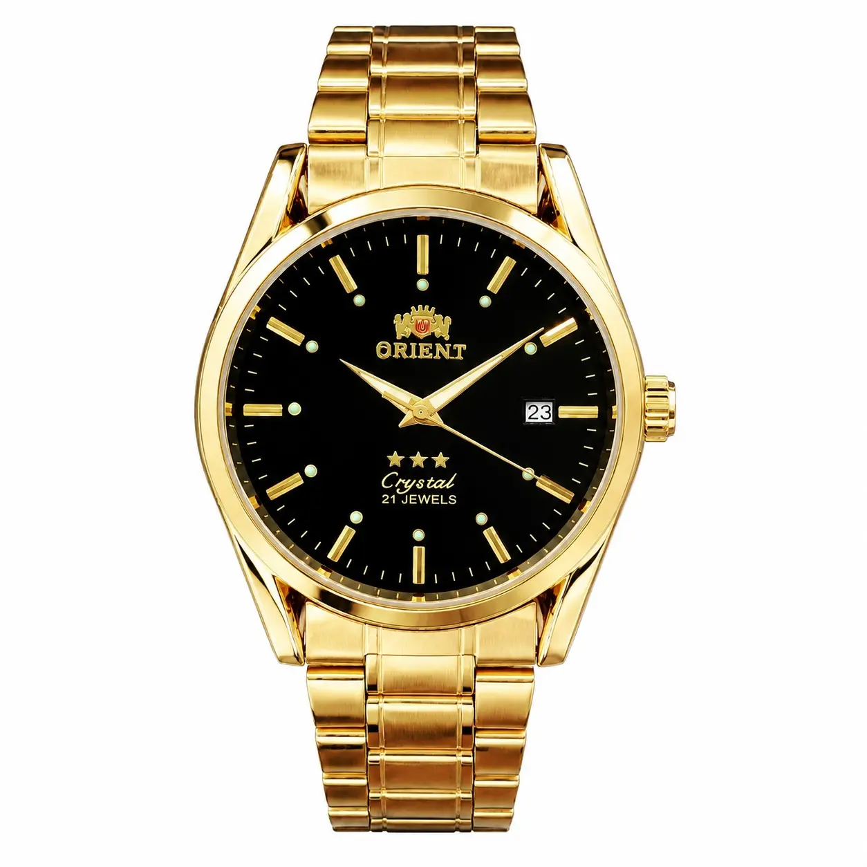 ORIENT 21 Jewels Crystal Series Automatic Wrist Watch For Men, Full Gold Metal Band, Luminous Indices, Date Calendar Function, Reliable Mechanical Movement For Daily Business Outfit