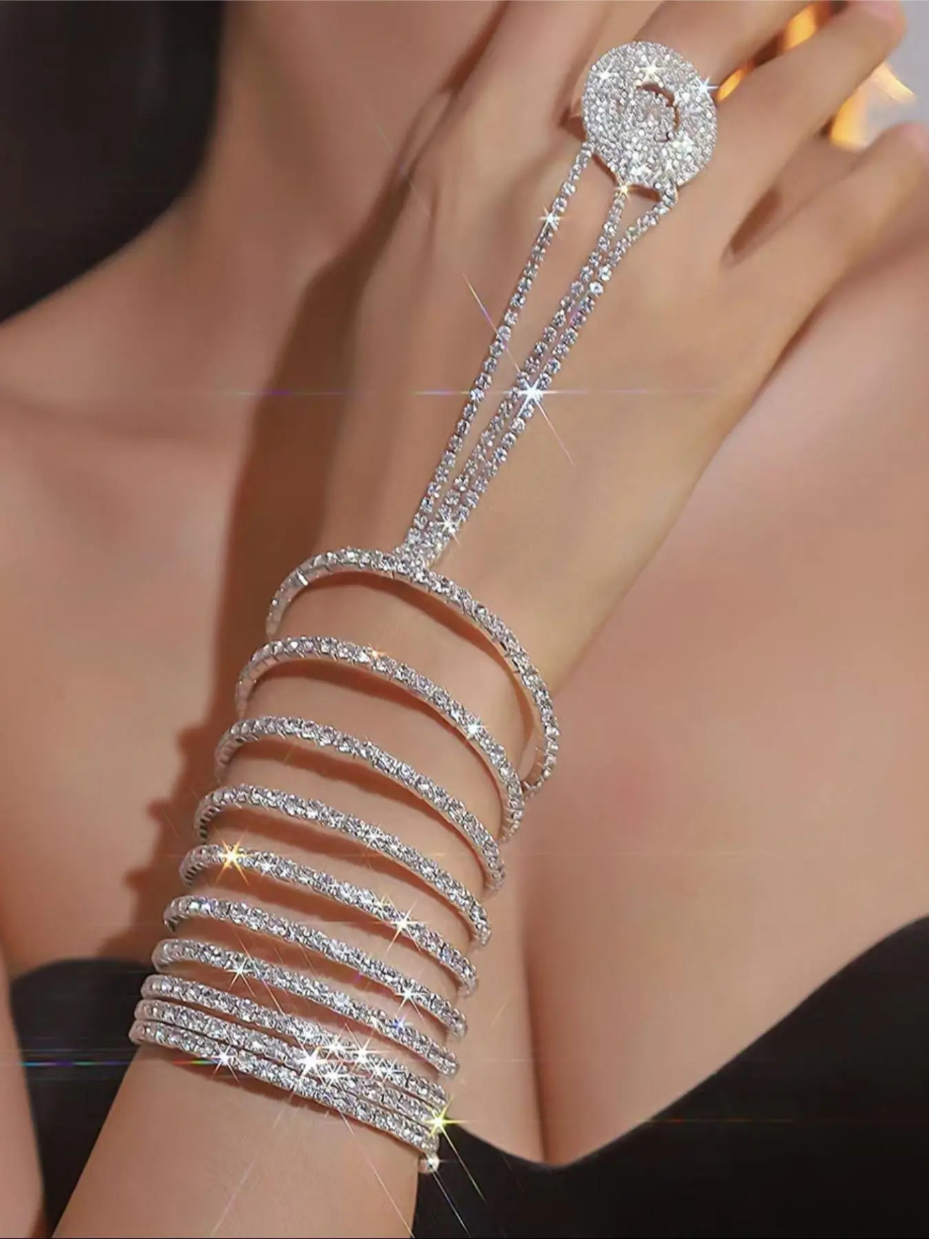 Rhinestone Decorated Ring Linked Layered Bangle, Fashionable Bangles, Jewelry for Women for Party, Daily Clothing Decor, Trendy All-match for Birthday Gift, Trendy Fashionable Accessories