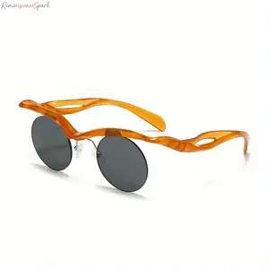 Unisex-Womens Round Half-Rim Sports Sunglasses - Asymmetrical Curved Frame, UV400 Lenses, Unique Stylish Eyewear for Everyday Outfits, Casual Events, Womens Sunglasses