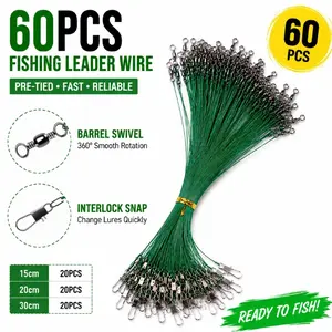 60Pcs Nylon Coated Stainless Steel Wire Leaders 6/9/12 Inch Pre-Rigged Bite Leaders with Swivels & Snaps for Pike Musky Bass Saltwater Freshwater Fishing Tackle