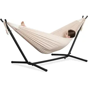 PNAEUT Double Hammocks with Stand for Outside, Portable Space Saving Heavy-Duty Steel Stand for Indoor Outdoor Patio with Carrying Bag, 450 lbs Capacity (Beige)