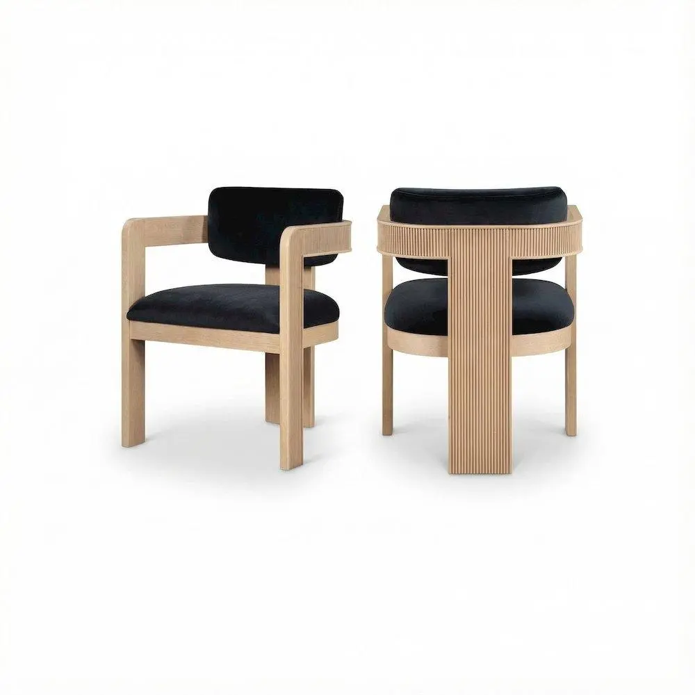 Black Velvet Upholstered Art Deco Dining Chair Set of 2 - Natural Finish, Supportive Arms, 2 Seats, Indoor Armchairs