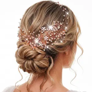 Rhinestone Headpiece Rose Gold Pearl Hair Vine Wedding Hair Accessories for Brides and Women