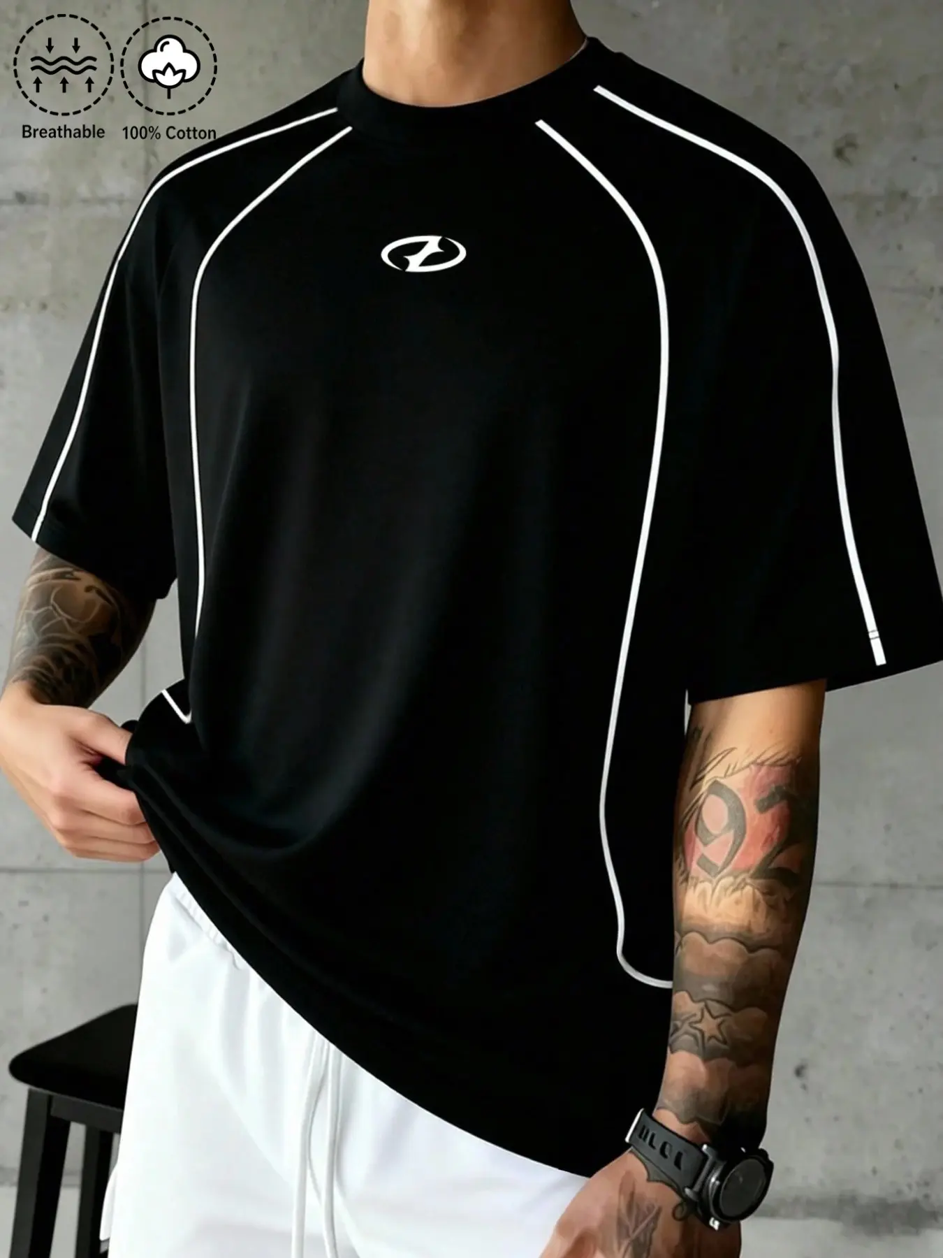 Men's Sporty Line Patchwork Pure Cotton Loose T-Shirt, Trendy Casual Short Sleeve Top, Comfortable and Stylish Men's Apparel, Athleisure Tee