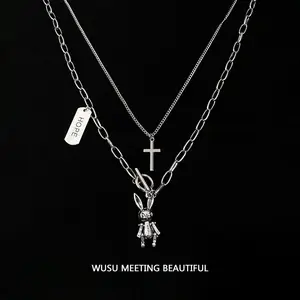 Korean Version of The New Fashion Necklace Double Layered Cross Chain Necklace New OT Buckle Long Sweater Chain