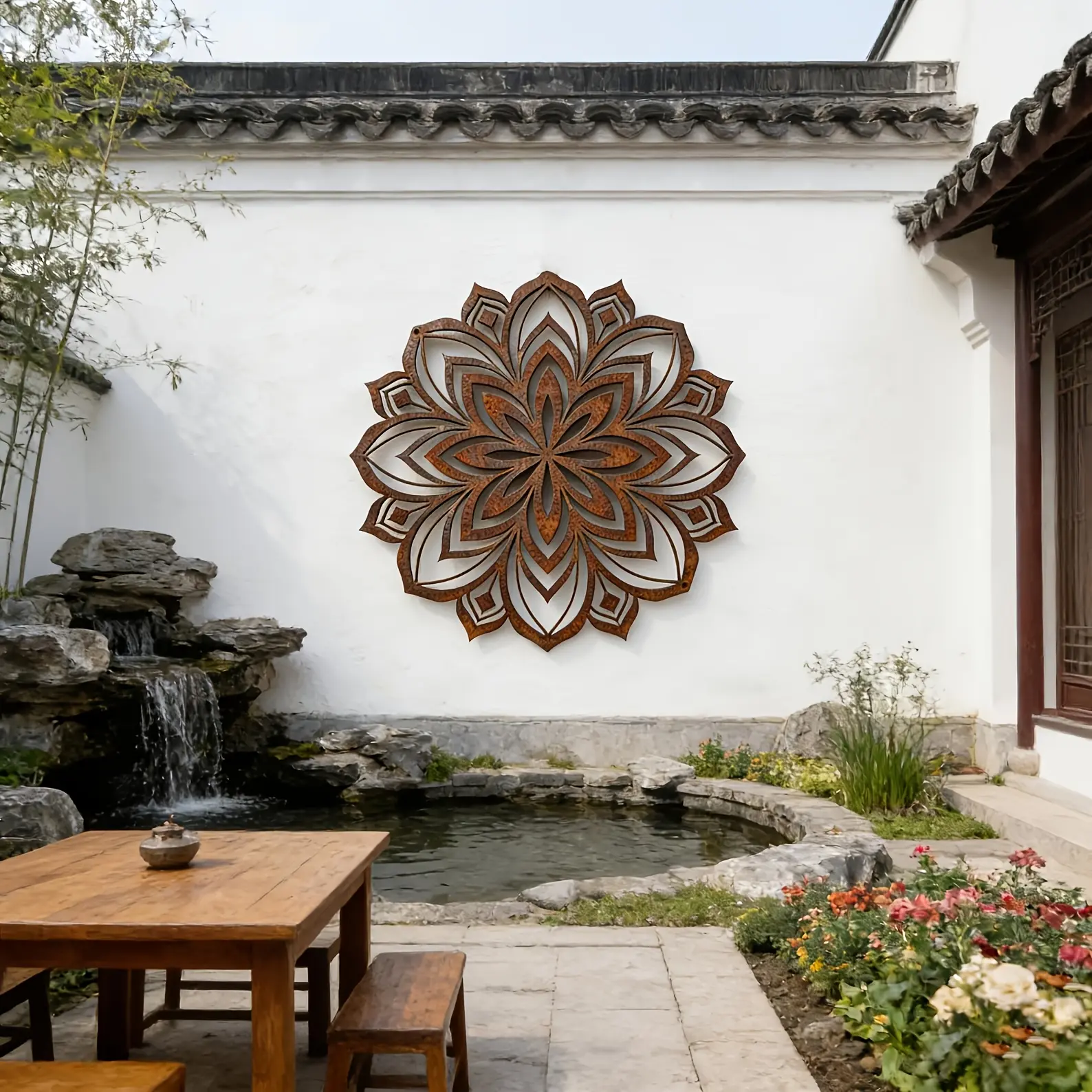 Mandala Pattern Hollow-out Iron Wall Decor, Weathering Steel with Aged Rust Finish，  aesthetic wall decor,  backyard decor，  temp-tations outdoors，   garden decoration supply