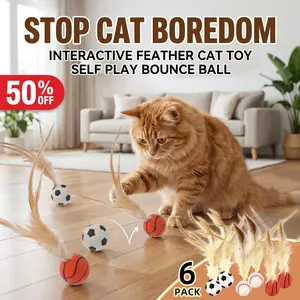 6-Pack Interactive Feather Cat Toy Balls, Self-Play Bouncy Cat Toys for Indoor Cats, Kitten Teaser Toys with Soccer & Basketball Balls, Cat Enrichment Toys to Relieve Boredom, Durable Cat Exercise Toys for Hunting, Chasing, and Interactive Play