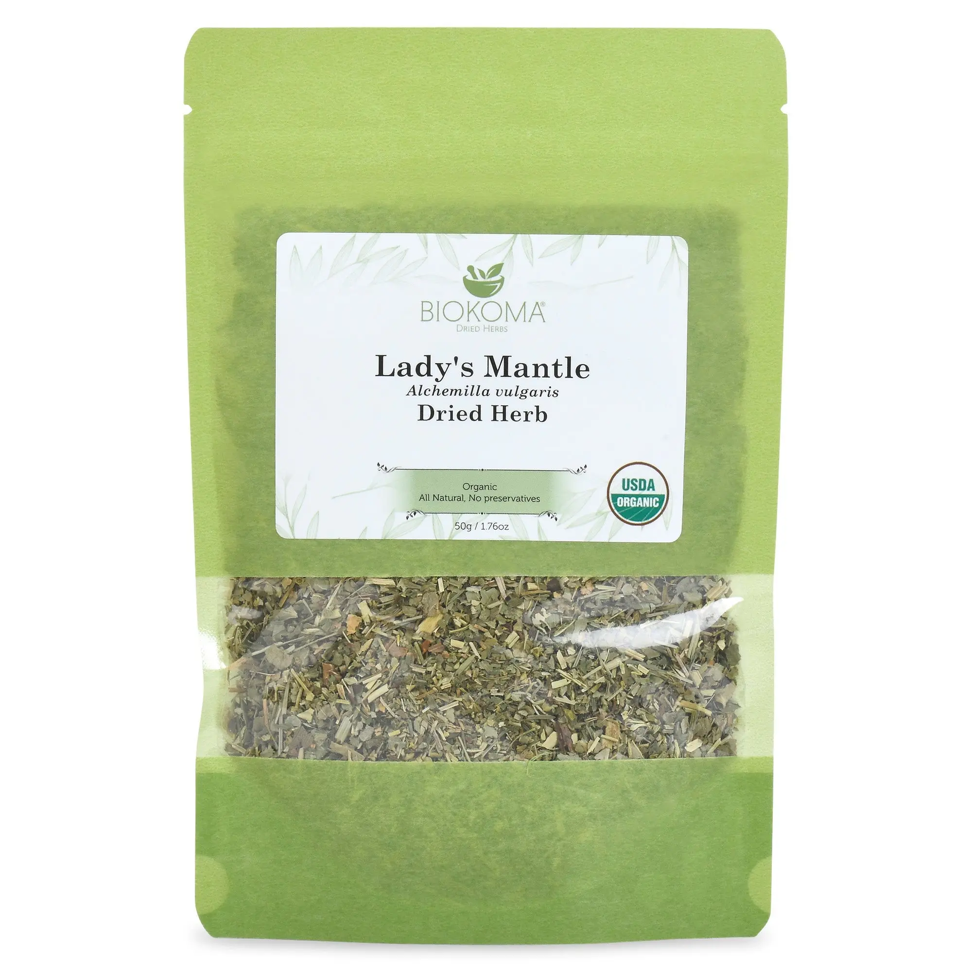 Biokoma Pure and Organic Lady's Mantle Dried Herb 50g (1.76oz) In Resealable Moisture Proof Pouch, USDA Certified Organic - Herbal Tea, No Additives, No Preservatives, No GMO, Kosher