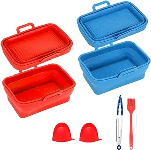 CHRISTMAS GIFT 6 PACK Air Fryer Silicone Liners Rectangular Liners-2PCS for Ninja Foodi Rectangular Air Fryer with Oven Mitts Basting Brush and Tongs Reusable Silicone Molds Replacement of Parchment Paper