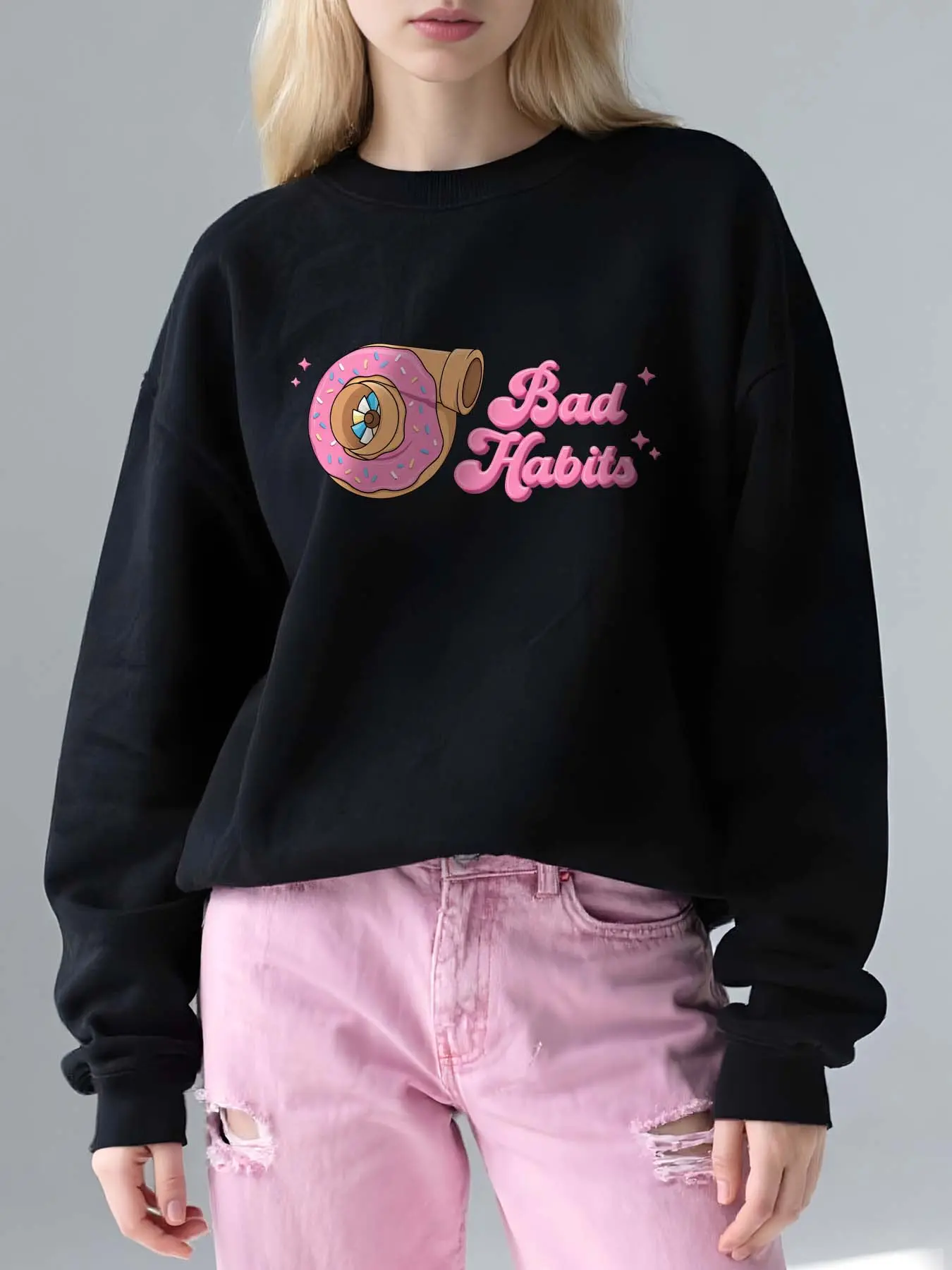Donut Shape Bad Habit Geometric Letter Print Casual Fleece Round Neck Sweatshirt, Fall & Winter Loose Fit Pullover
