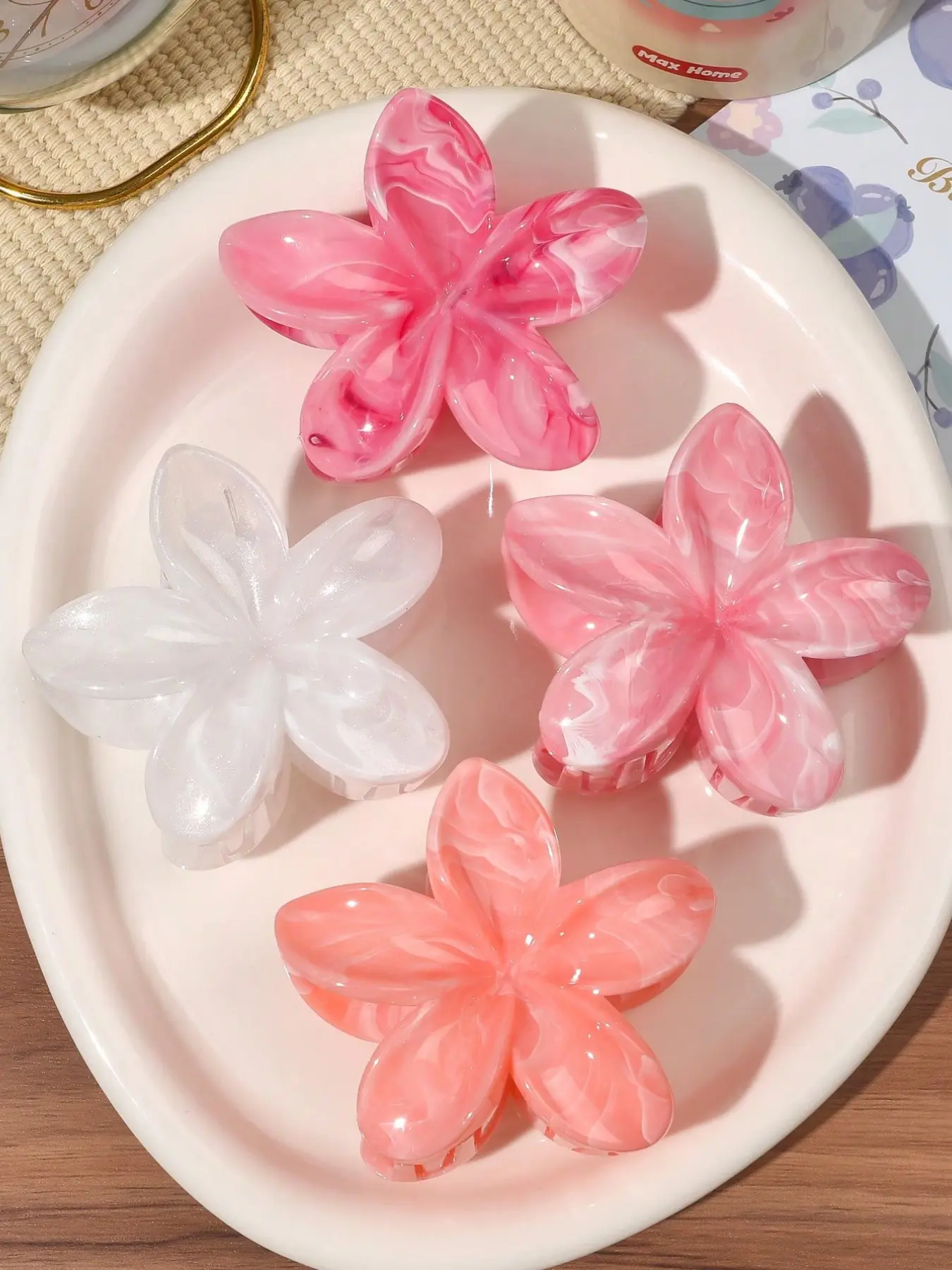 4pcs/Set Bohemian Floral Hair Clips, Sweet & Minimalist Daisy Flower Marble Pattern Boho Hair Accessories, Suitable For Spring/Summer Beach Beauty Claw Clips Casual Hair Claw, Transparent Clips, Fun Claw Clips