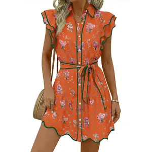 Women's Summer Button Down Shirt Dress Casual Collar V Neck Floral Ruffle Sleeve Boho Beach Vacation Mini Dresses