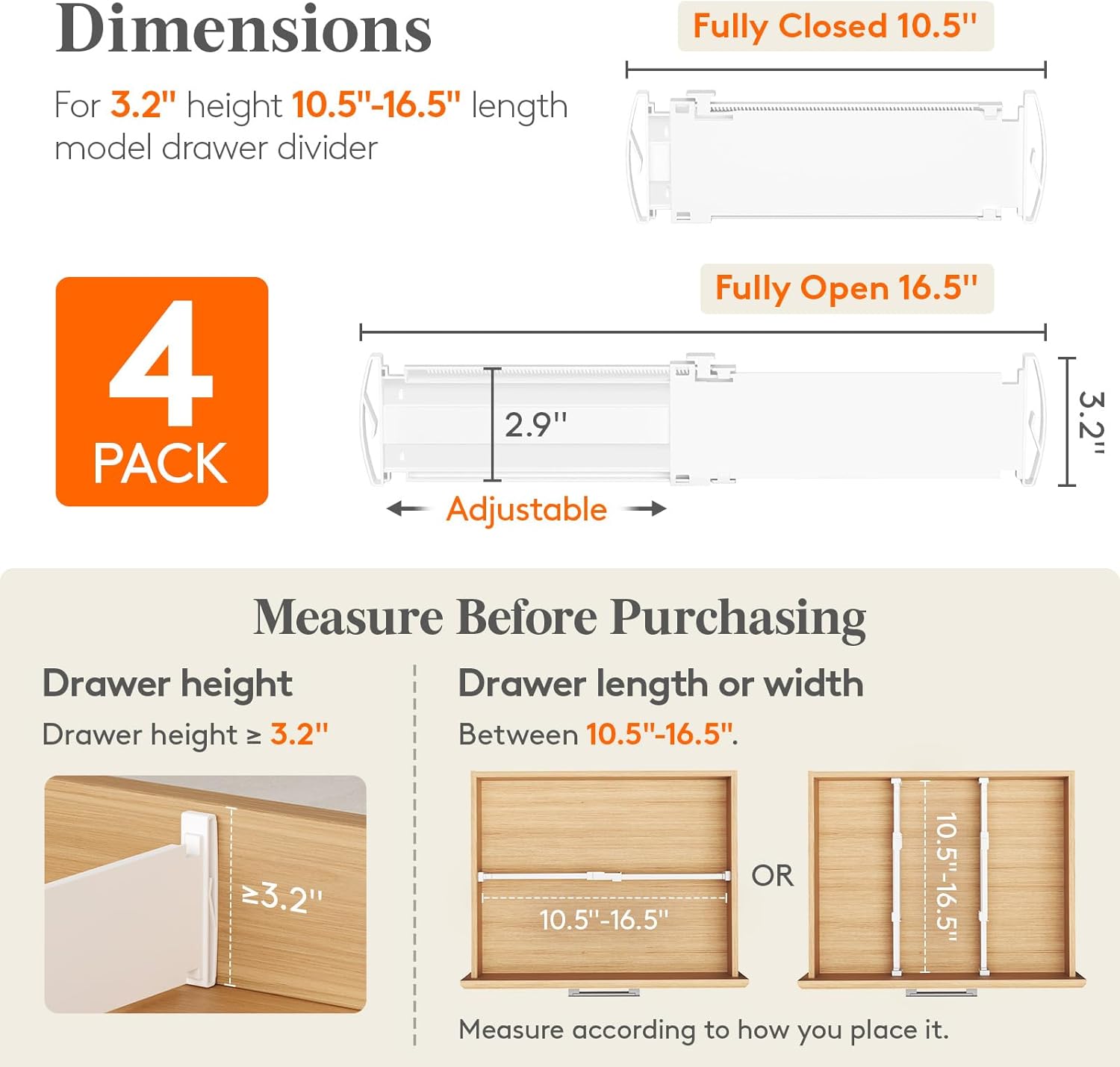 Drawer Dividers for Clothes, 3.2" High 10.5"-16.5" Expandable Dresser Drawer Organizers, Adjustable White Plastic Separators for Kitchen, Cabinet, Nursery, Socks & Underwear Storage, 4 Pack