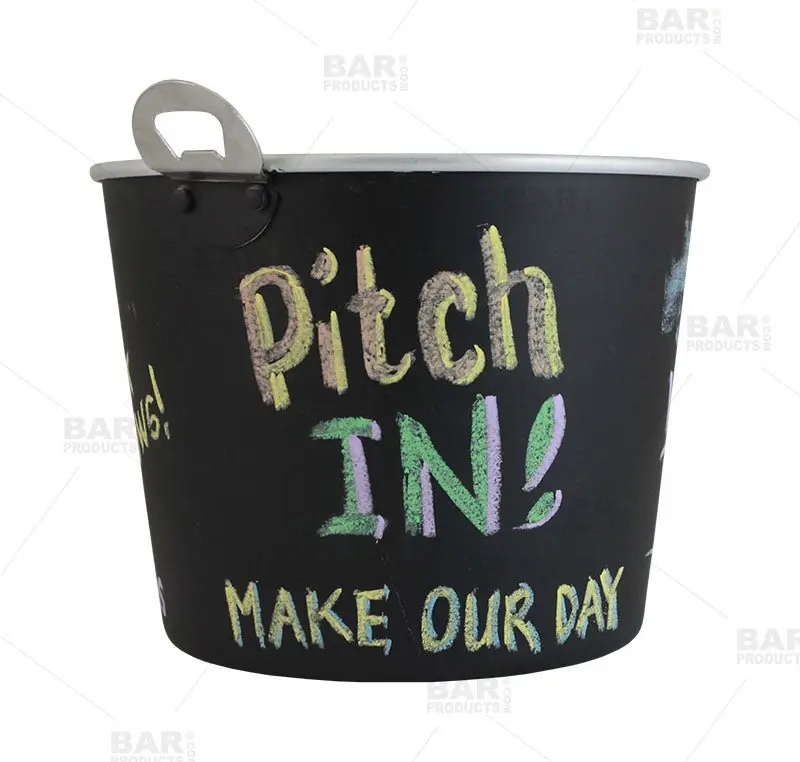 Large Size Aluminum Chalkboard Tip Bucket - 7.5" Tall, 9.5" Diameter, Writable, Durable, Easy to Wipe Clean Bar Utensil with Bottle Opener Function for Bars, All Seasons Use, Aluminium