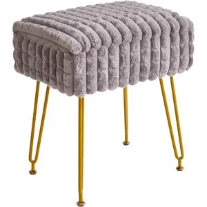 Rectangle Vanity Chair with Storage Space, Footrest Footstool Ottoman, Vanity Stool, Dressing Table Chair, with Anti-Slip , for Makeup Room, Bedroom, Square Grid , Grey WBD004G