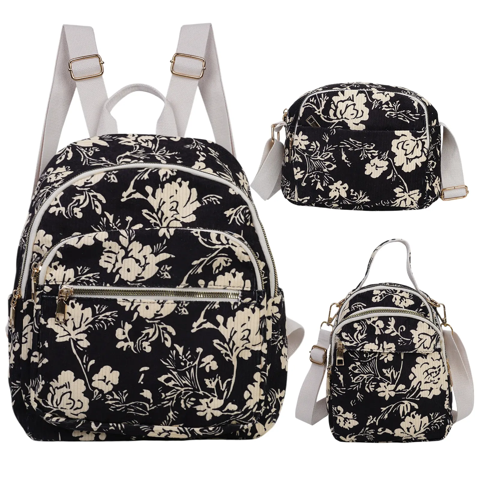 Backpack Set, 3-Piece Vintage Floral Corduroy Bookbag for School for Girls & Women, Lightweight Purse Backpack Combo with Crossbody, Portable Lightweight Backpack
