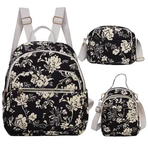 3PCS Large Floral Corduroy Backpack Set for Girls and Women Student Commuter Bags with Matching Mini Crossbody Purse and Small Shoulder Daypack Fits 11-inch Tablet Travel Weekend Everyday Carry
