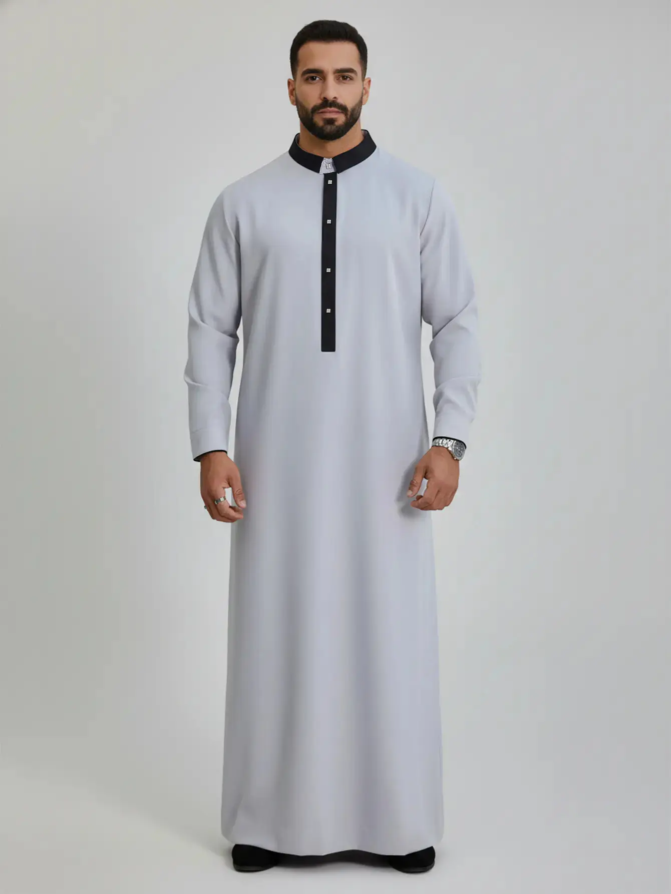 Men’s Grey Thobe - Embroidered Long Sleeve Arab Kaftan, Formal Islamic Robe for Eid, Prayer & Daily Wear Casual Muslim, must have item, trendy style, wardrobe staple, everyday wear, essential piece, wardrobe essential