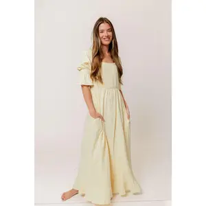 Sienna 100% Cotton Puff Sleeve Maxi Dress in Custard Foliage - Bump Friendly