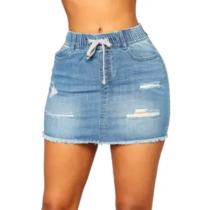 DUTUT Women's Summer High-Waist Ripped Denim Skirt Fashion Casual Cotton Blend Above Knee Length Zipper Closure Lightweight Chic Look Distressed Frayed Hem Cami Hem Stretchy Blend Made