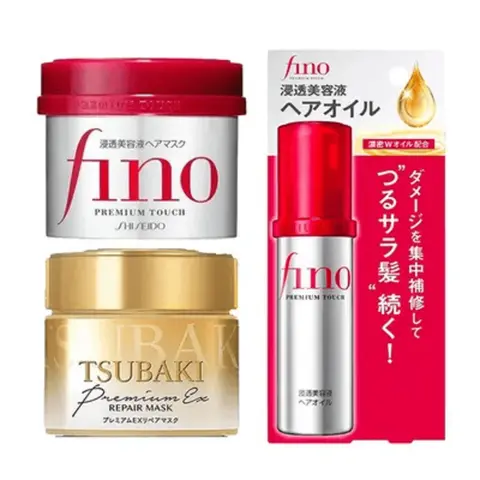 Haircare Restore & Deep Repair Bundle Set for Adults - Fino Premium Mask (230ml), Tsubaki Moisturizer (180ml), Shiseido Hydrating Nourishing Oil (70ml)