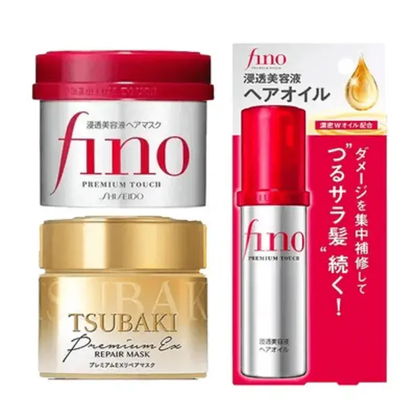 Haircare Restore & Deep Repair Bundle Set for Adults - Fino Premium Mask (230ml), Tsubaki Moisturizer (180ml), Shiseido Hydrating Nourishing Oil (70ml)